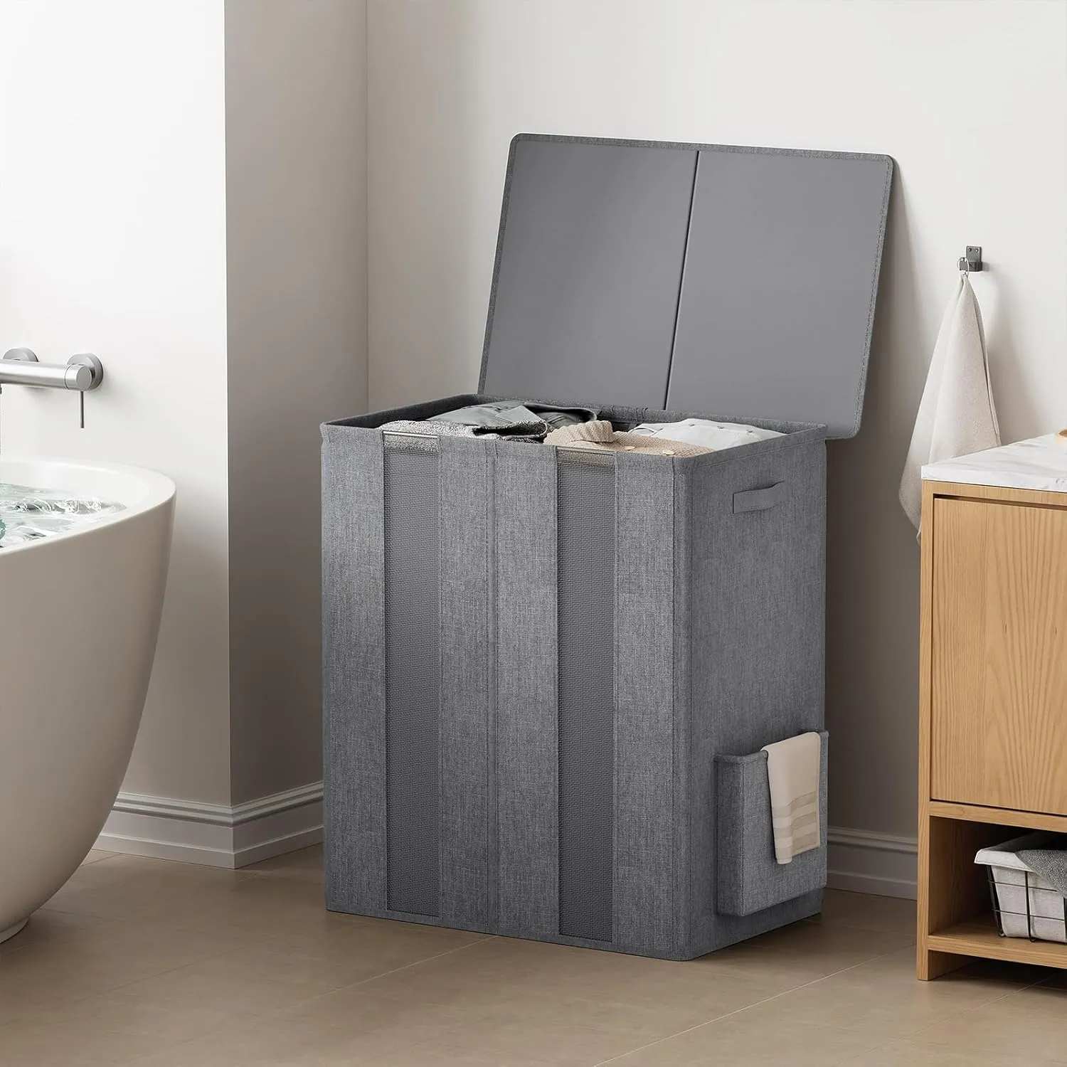 Chrislley 160L Double Laundry Hamper with Lid, Large Laundry Basket with 2 Removable Bags, Breathable Dirty Clothes Hamper 2 Section, Foldable Laundry Bin for Dorm, Bedroom, Bathroom, Grey