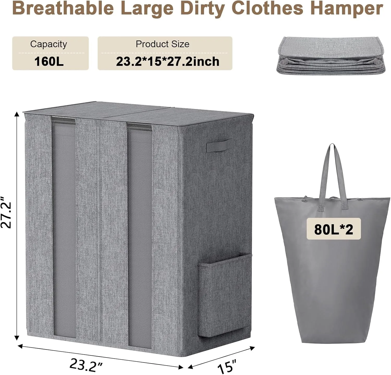 Chrislley 160L Double Laundry Hamper with Lid, Large Laundry Basket with 2 Removable Bags, Breathable Dirty Clothes Hamper 2 Section, Foldable Laundry Bin for Dorm, Bedroom, Bathroom, Grey