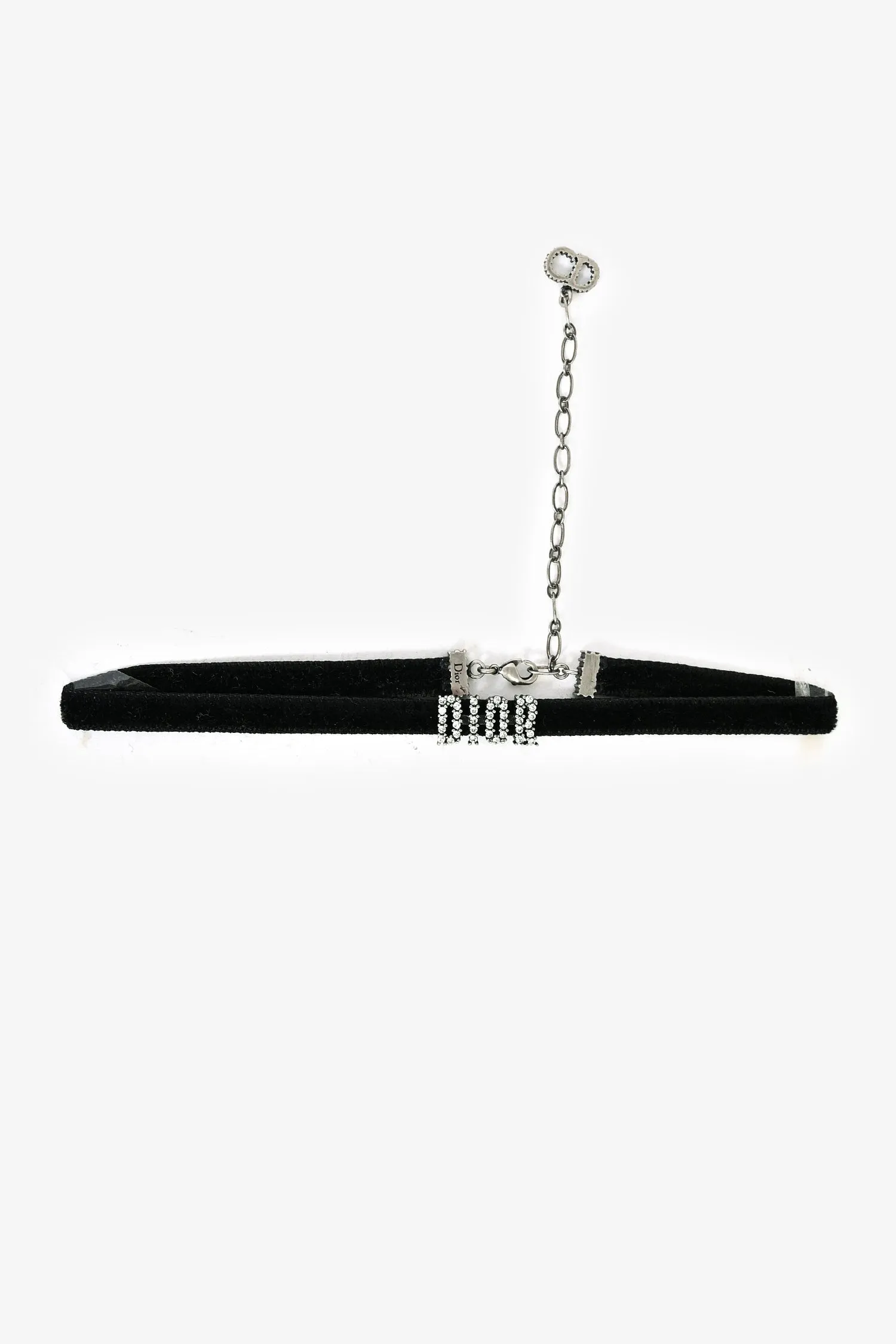 Christian Dior Black Velvet Crystal Embellished 'DIOR' Choker Necklace
