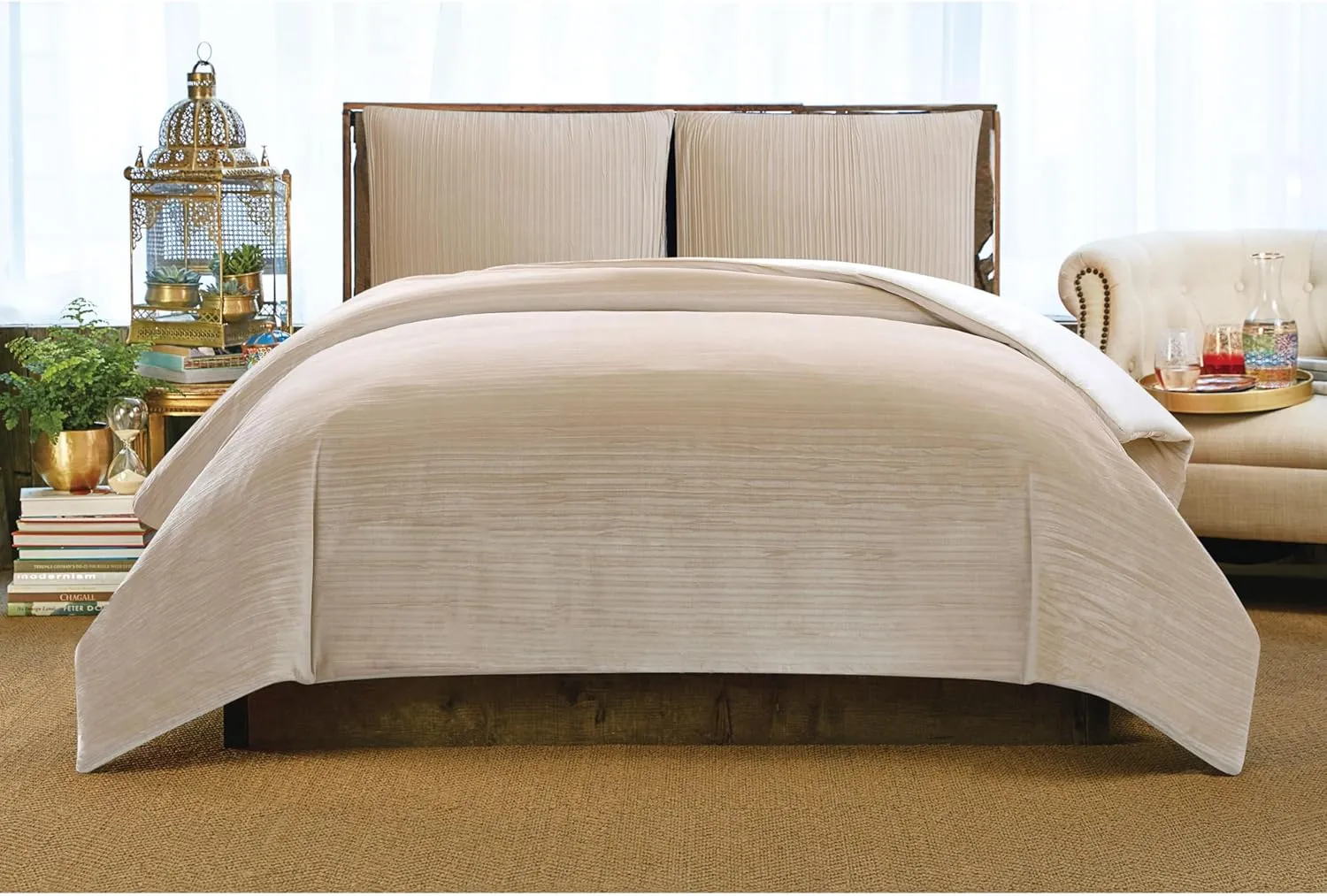 Christian Siriano NY Crinkle Velvet Comforter Set, Full/Queen, Champagne, 3-Piece