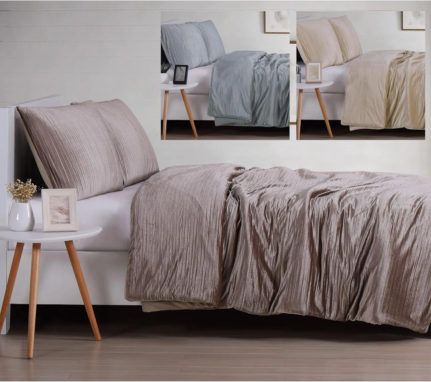 Christian Siriano NY Crinkle Velvet Comforter Set, Full/Queen, Champagne, 3-Piece