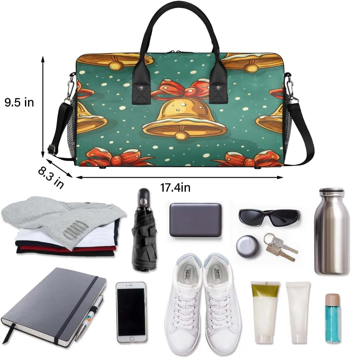 Christmas Bells Travel Duffle Bag for Women Men Foldable Waterproof Weekender Bag Carry on Tote for Overnight Sports Gym Bells