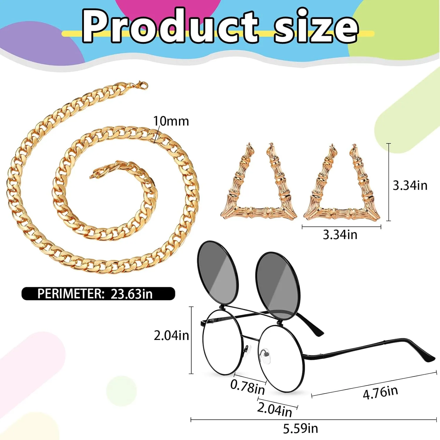 Cindeer 5 Pcs 90s Hip Hop Accessories for Women Men 80s 90s Outfit Neon Fanny Pack Hat Sunglasses Gold Chain Earrings