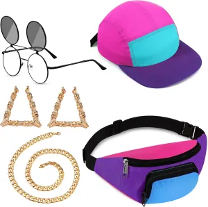Cindeer 5 Pcs 90s Hip Hop Accessories for Women Men 80s 90s Outfit Neon Fanny Pack Hat Sunglasses Gold Chain Earrings