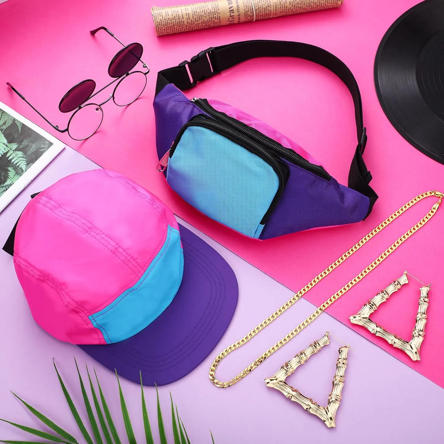 Cindeer 5 Pcs 90s Hip Hop Accessories for Women Men 80s 90s Outfit Neon Fanny Pack Hat Sunglasses Gold Chain Earrings