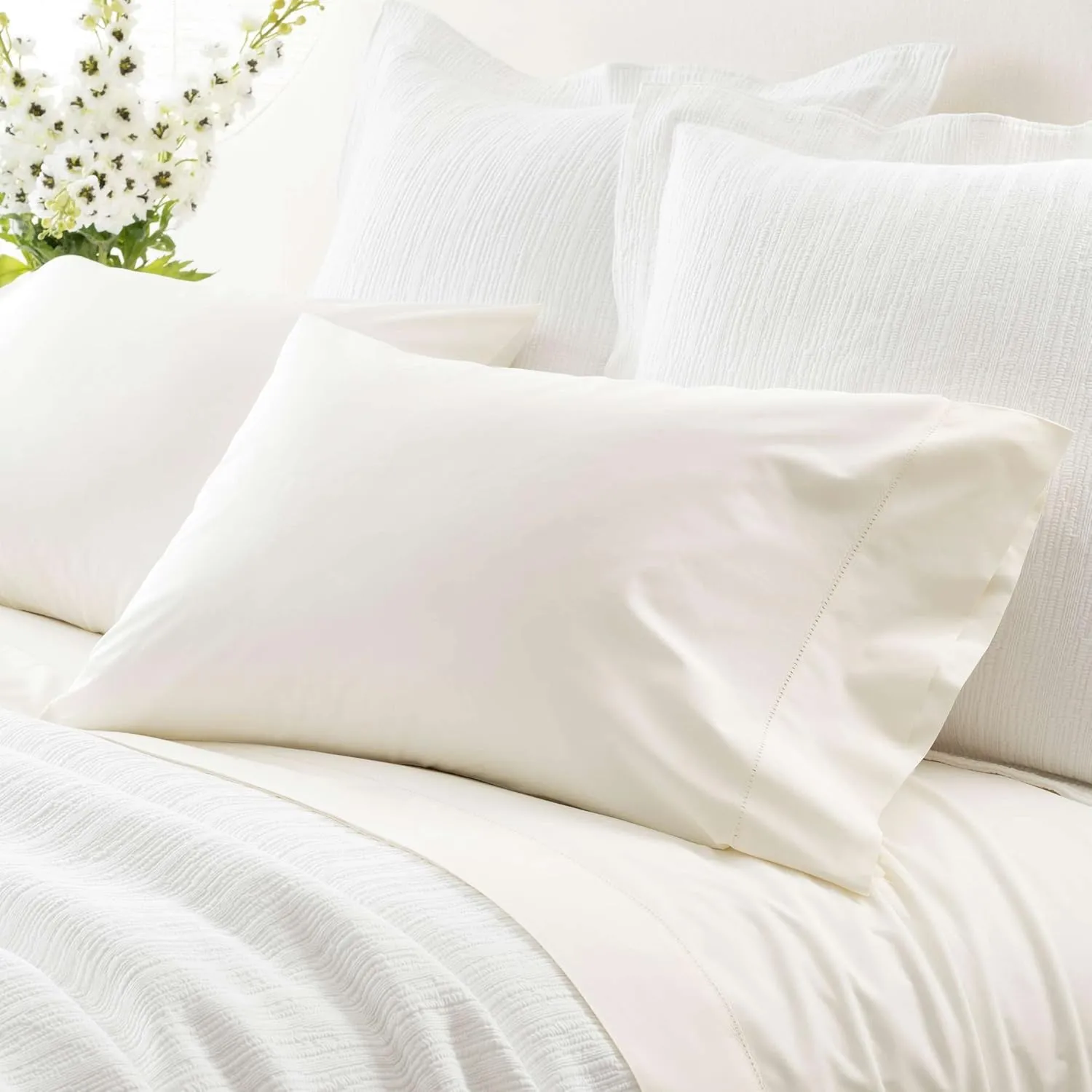 Classic Hemstitch Ivory Pillowcases (Pair), King Size, Ivory Solid Pattern