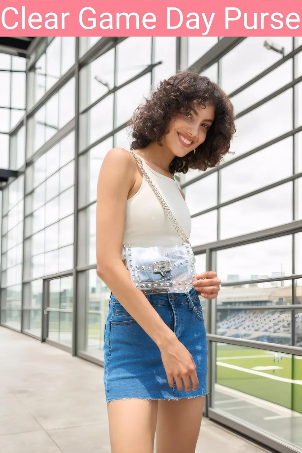 Clear Crossbody Purse Bag for Women Stadium Approved with Studded Rivet, Clear PVC Handbag for Concert & Game Day