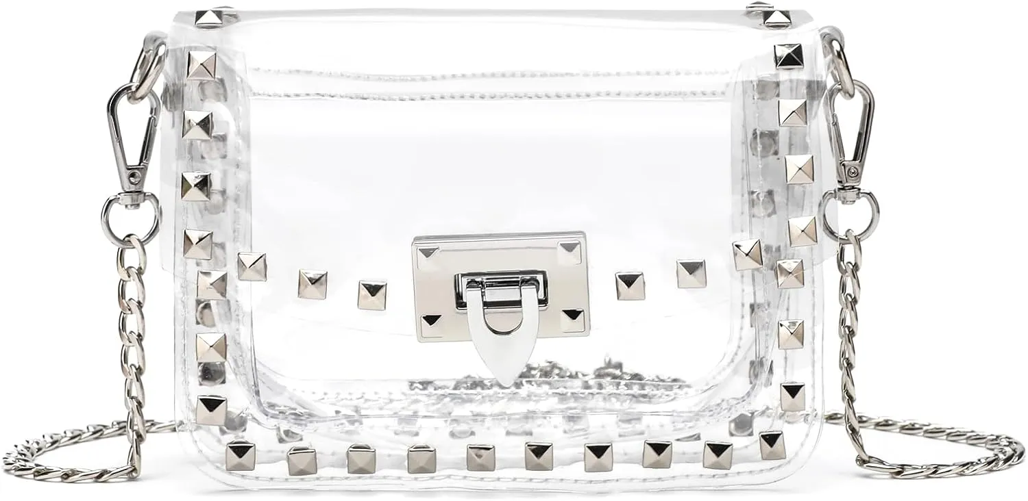 Clear Crossbody Purse Bag for Women Stadium Approved with Studded Rivet, Clear PVC Handbag for Concert & Game Day