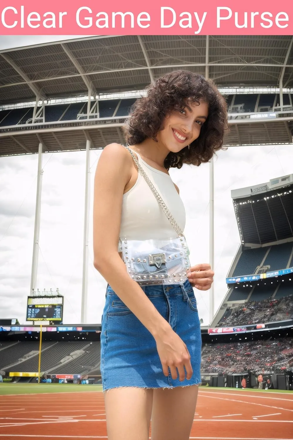 Clear Crossbody Purse Bag for Women Stadium Approved with Studded Rivet, Clear PVC Handbag for Concert & Game Day