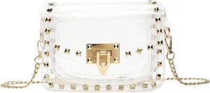 Clear Crossbody Purse Bag for Women Stadium Approved with Studded Rivet, Clear PVC Handbag for Concert & Game Day