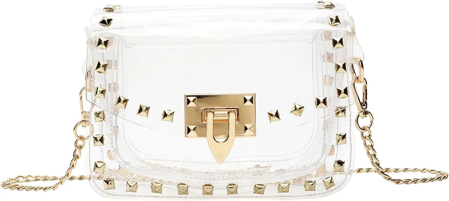 Clear Crossbody Purse Bag for Women Stadium Approved with Studded Rivet, Clear PVC Handbag for Concert & Game Day