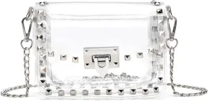 Clear Crossbody Purse Bag for Women Stadium Approved with Studded Rivet, Clear PVC Handbag for Concert & Game Day