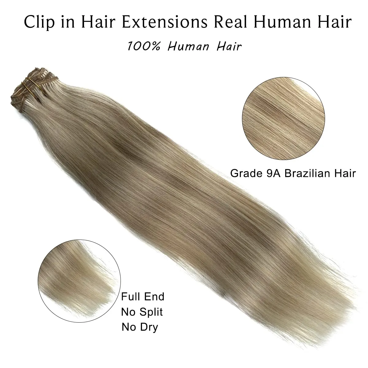 Clip in Hair Extensions, Ash Blonde Balayage Bleach Blonde Clip in Hair Extensions Real Human Hair Clip ins Extensions 20 Inch 7 Pieces 70G Double Wefted Hair Extensions Clip in Human Hair