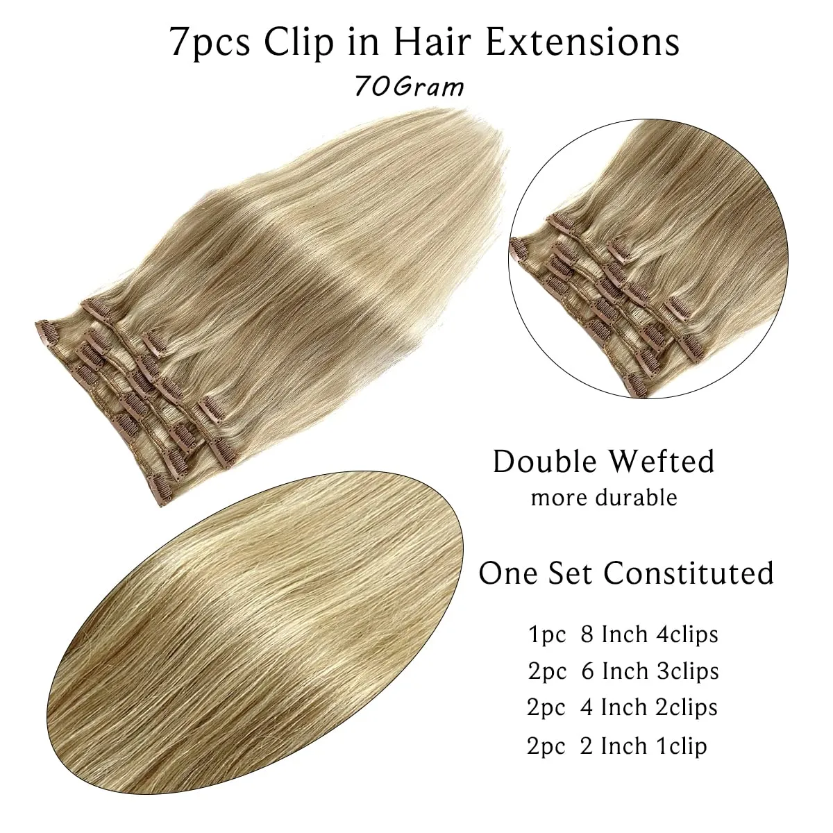 Clip in Hair Extensions, Ash Blonde Balayage Bleach Blonde Clip in Hair Extensions Real Human Hair Clip ins Extensions 20 Inch 7 Pieces 70G Double Wefted Hair Extensions Clip in Human Hair