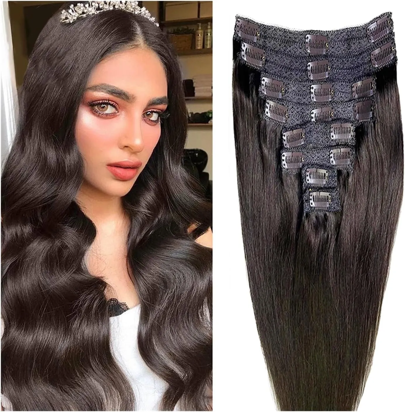 Clip in Hair Extensions Clip in Hair Extensions Remy Hair Extensions Straight Clip in Human Hair Color 2 Dark Brown Hair Clip in Extensions for Thin Hair 8 Pieces 120Grams Hair Extensions Human Hair E