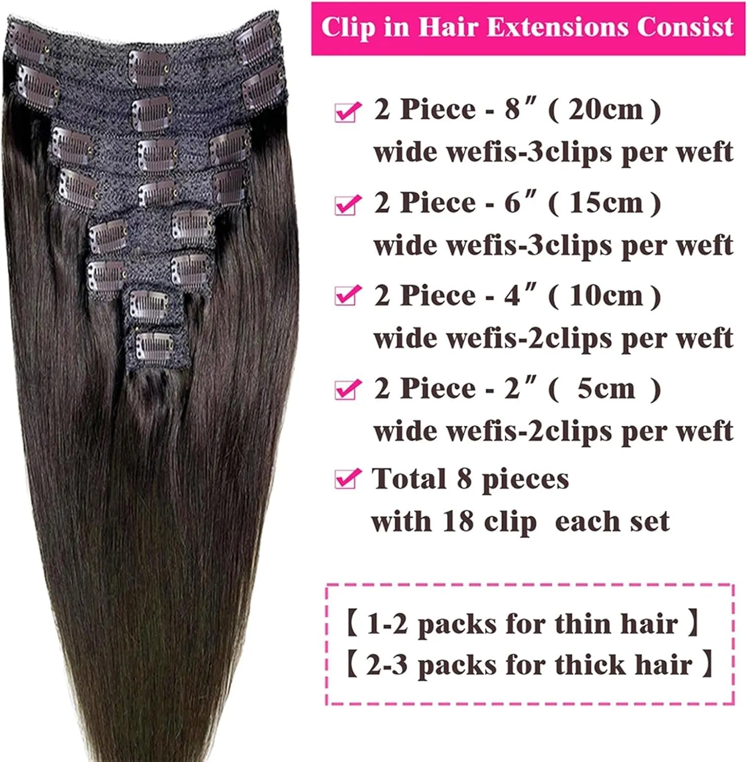Clip in Hair Extensions Clip in Hair Extensions Remy Hair Extensions Straight Clip in Human Hair Color 2 Dark Brown Hair Clip in Extensions for Thin Hair 8 Pieces 120Grams Hair Extensions Human Hair E