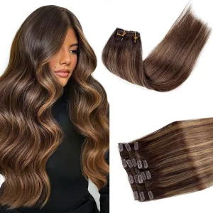 Clip in Hair Extensions Human Hair Clip in Extensions, Dark Brown Balayage Ash Brown Clip in Hair Extensions Real Human Hair, 16 Inch 7 Pcs Double Weft Straight Remy Human Hair Clip in Extensions 70G