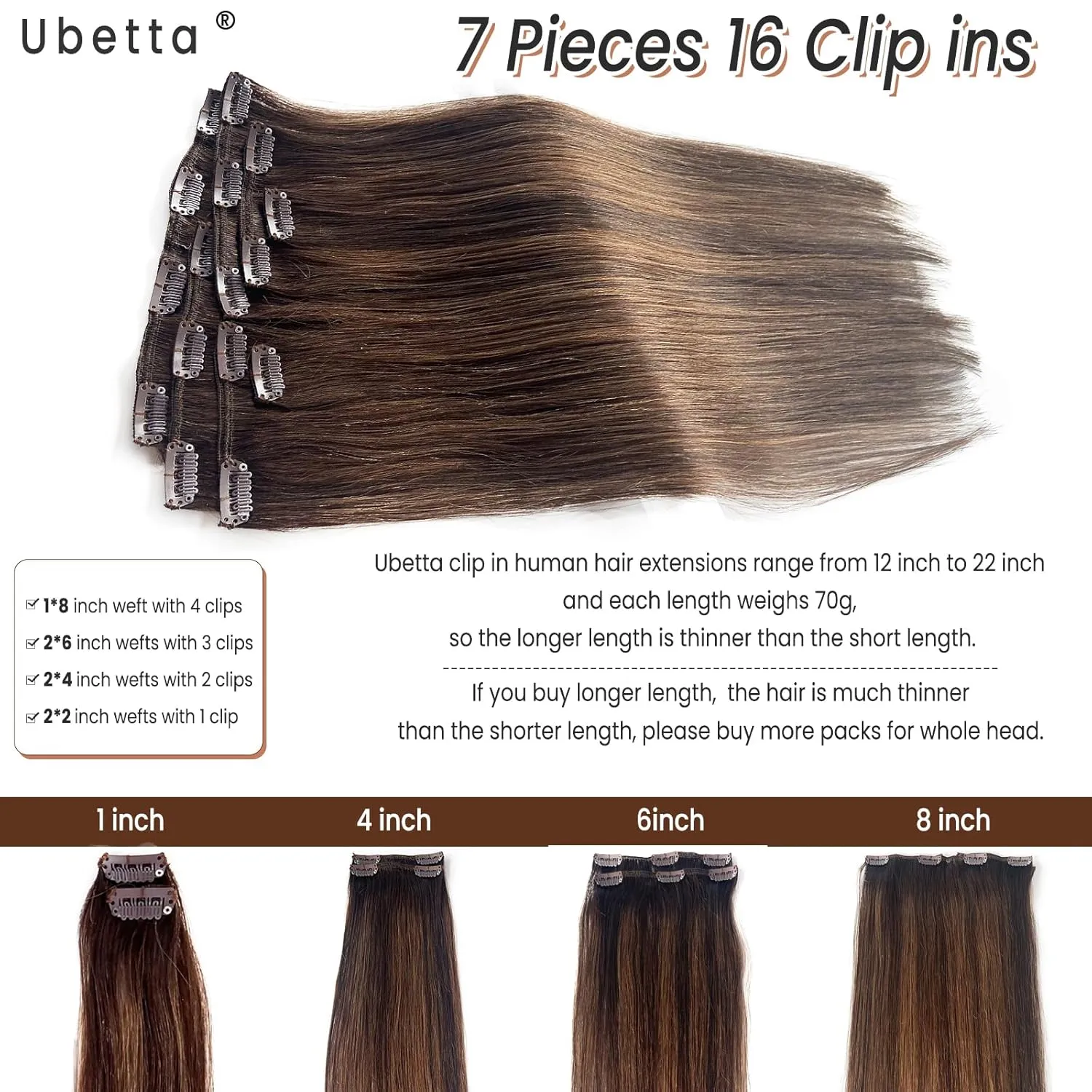 Clip in Hair Extensions Human Hair Clip in Extensions, Dark Brown Balayage Ash Brown Clip in Hair Extensions Real Human Hair, 16 Inch 7 Pcs Double Weft Straight Remy Human Hair Clip in Extensions 70G