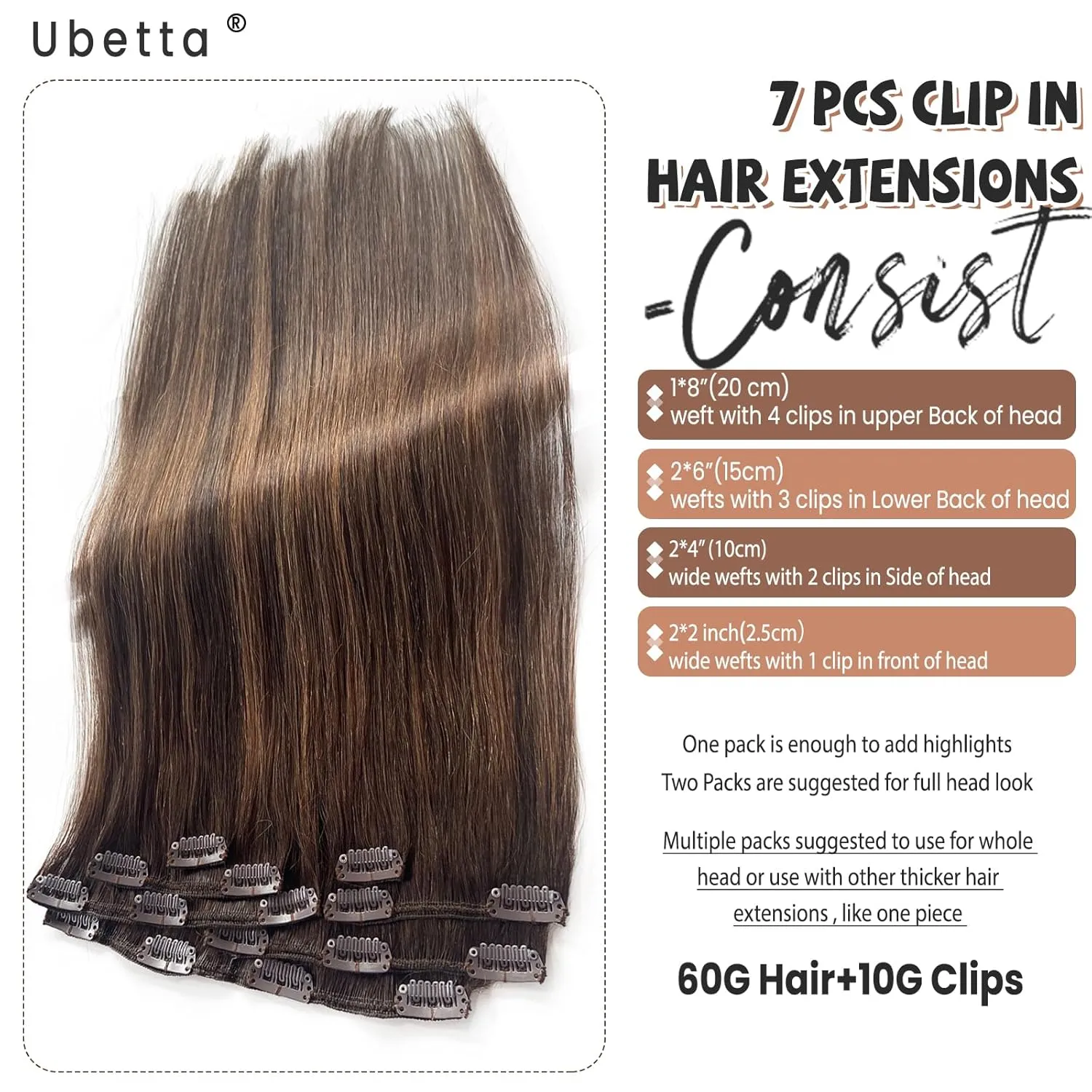 Clip in Hair Extensions Human Hair Clip in Extensions, Dark Brown Balayage Ash Brown Clip in Hair Extensions Real Human Hair, 16 Inch 7 Pcs Double Weft Straight Remy Human Hair Clip in Extensions 70G