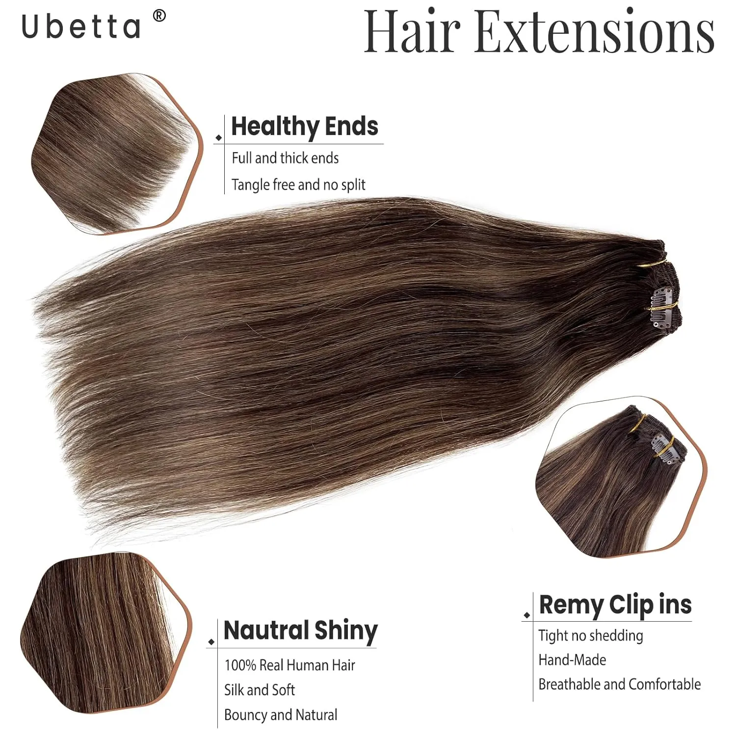 Clip in Hair Extensions Human Hair Clip in Extensions, Dark Brown Balayage Ash Brown Clip in Hair Extensions Real Human Hair, 16 Inch 7 Pcs Double Weft Straight Remy Human Hair Clip in Extensions 70G