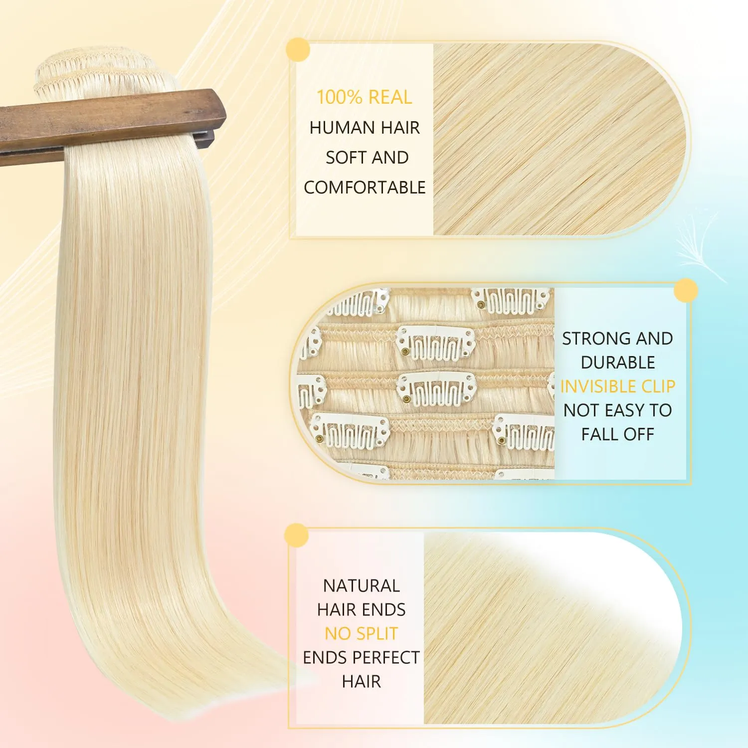 Clip in Hair Extensions Platinum Blonde Extensions Real Human Hair 20 Inch 75g Straight Clip in Hair Extensions for women Natural and straight Hair