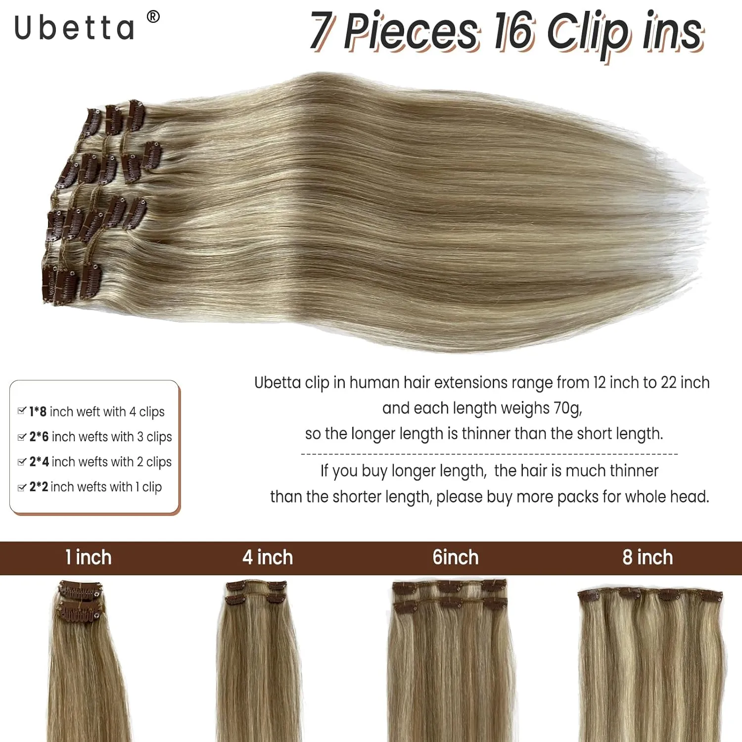 Clip in Hair Extensions Real Human Hair 16 Inch Ash Blonde Balayage Blonde Highlights Clip in Hair Extension Human Hair 7pcs 70G Double Weft Human Hair Clip ins Extensions for White Women