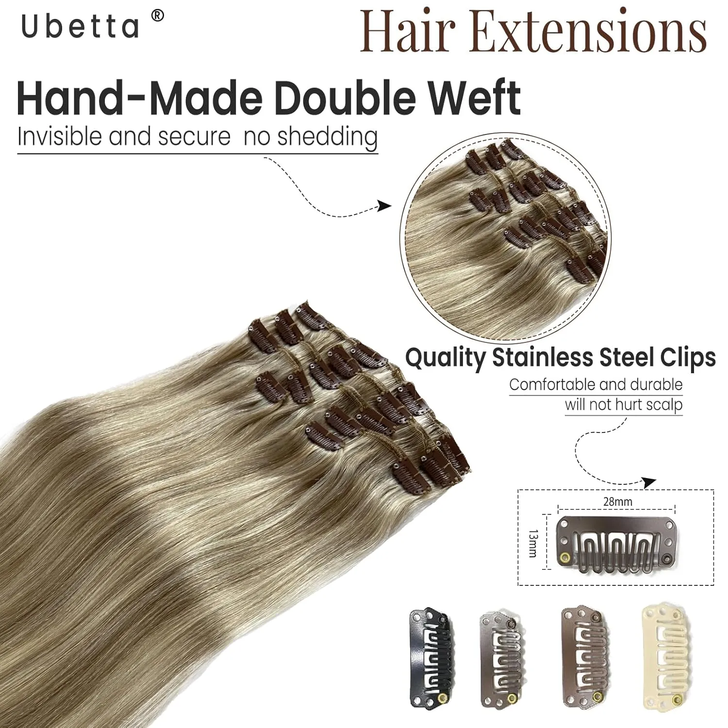Clip in Hair Extensions Real Human Hair 16 Inch Ash Blonde Balayage Blonde Highlights Clip in Hair Extension Human Hair 7pcs 70G Double Weft Human Hair Clip ins Extensions for White Women