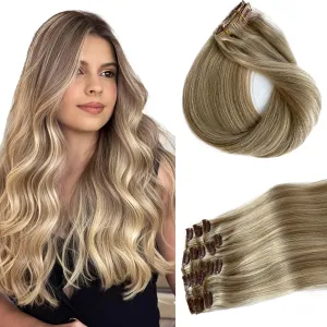 Clip in Hair Extensions Real Human Hair 16 Inch Ash Blonde Balayage Blonde Highlights Clip in Hair Extension Human Hair 7pcs 70G Double Weft Human Hair Clip ins Extensions for White Women