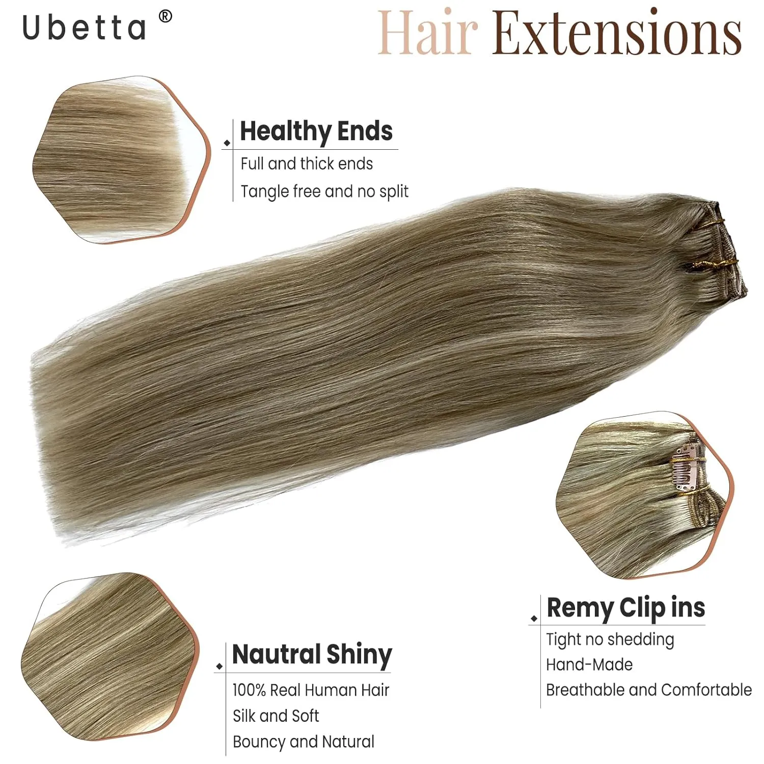 Clip in Hair Extensions Real Human Hair 16 Inch Ash Blonde Balayage Blonde Highlights Clip in Hair Extension Human Hair 7pcs 70G Double Weft Human Hair Clip ins Extensions for White Women
