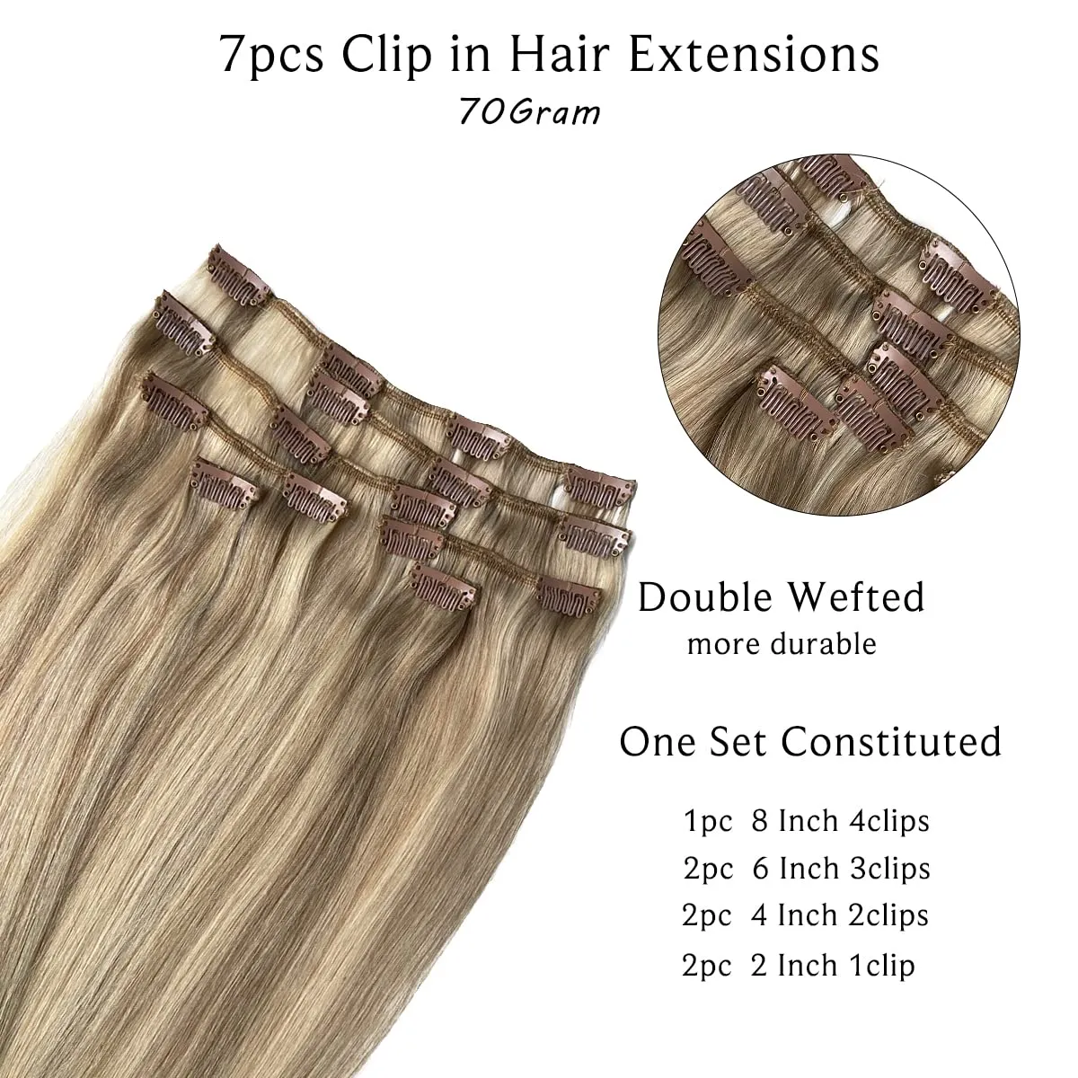 Clip in Hair Extensions Real Human Hair, Ash Blonde Highlighted Blonde Remy Human Hair Clip in Extensions 18inch 7pcs 70G Double Weft Real Hair Extensions Clip in Human Hair for Fine Hair Women