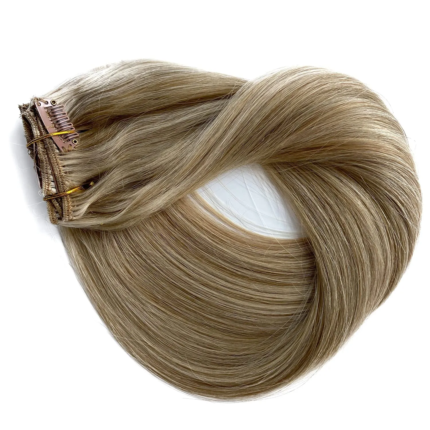 Clip in Hair Extensions Real Human Hair, Ash Blonde Highlighted Blonde Remy Human Hair Clip in Extensions 18inch 7pcs 70G Double Weft Real Hair Extensions Clip in Human Hair for Fine Hair Women