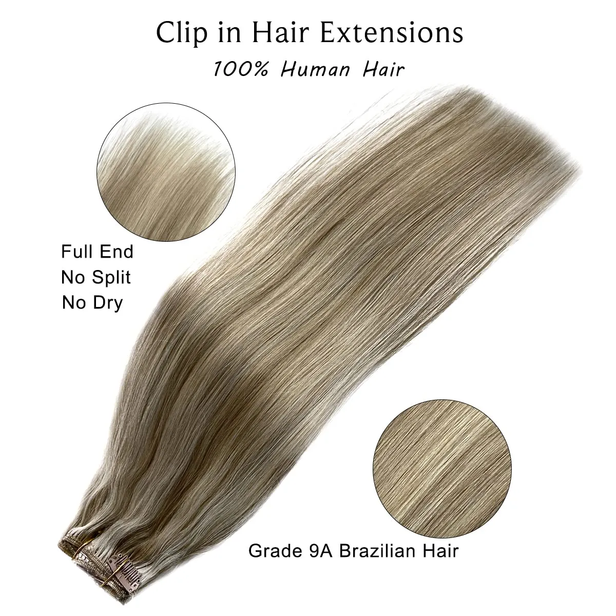 Clip in Hair Extensions Real Human Hair, Ash Blonde Highlighted Blonde Remy Human Hair Clip in Extensions 18inch 7pcs 70G Double Weft Real Hair Extensions Clip in Human Hair for Fine Hair Women