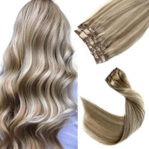 Clip in Hair Extensions Real Human Hair, Ash Blonde Highlighted Blonde Remy Human Hair Clip in Extensions 18inch 7pcs 70G Double Weft Real Hair Extensions Clip in Human Hair for Fine Hair Women