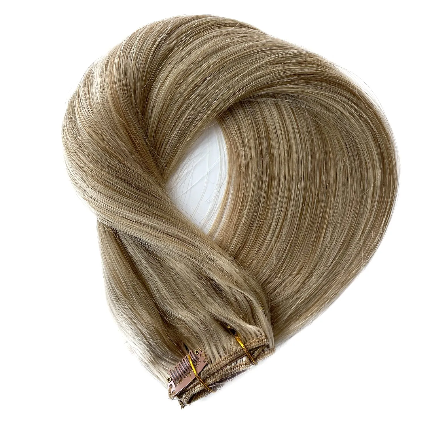 Clip in Hair Extensions Real Human Hair, Ash Blonde Highlighted Blonde Remy Human Hair Clip in Extensions 18inch 7pcs 70G Double Weft Real Hair Extensions Clip in Human Hair for Fine Hair Women