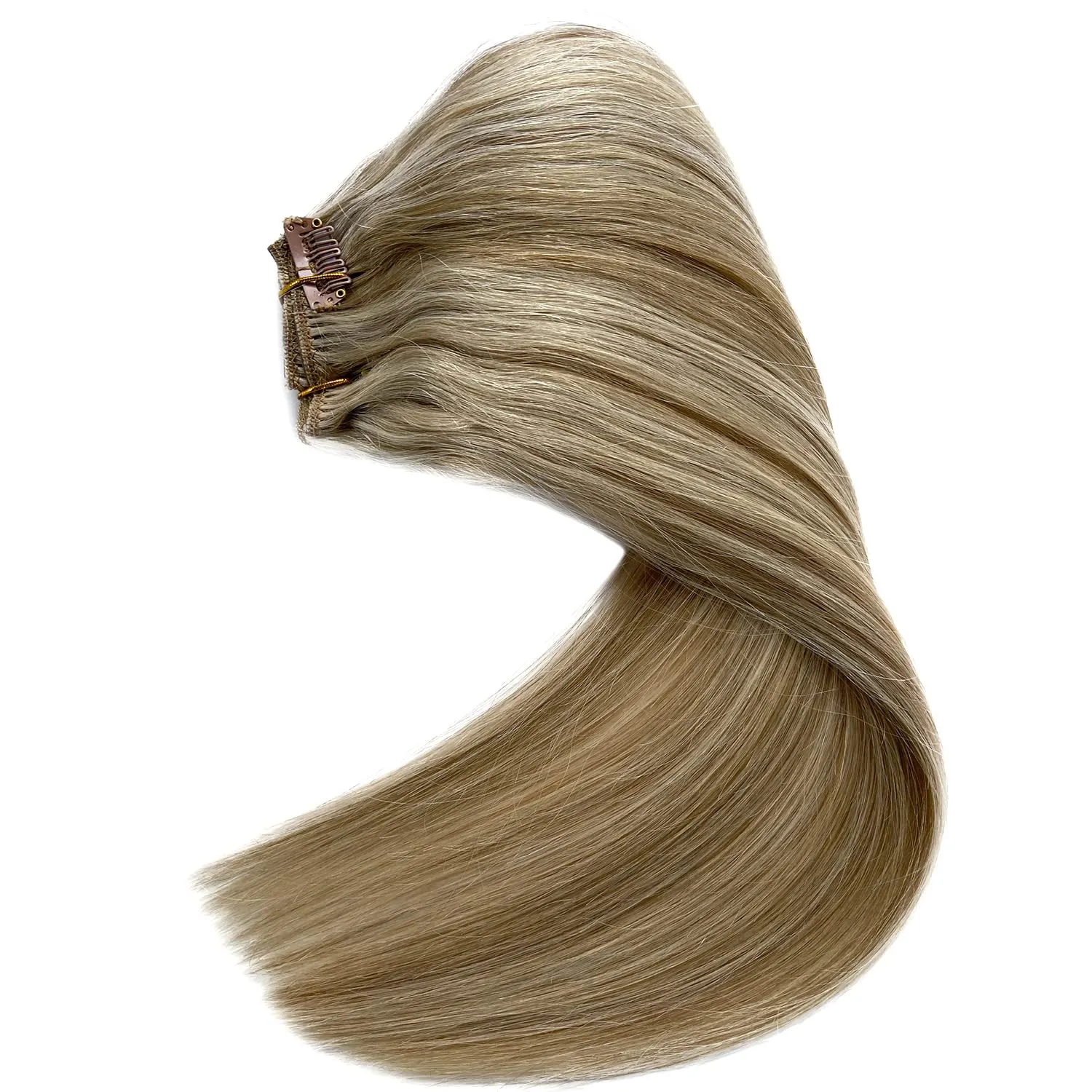 Clip in Hair Extensions Real Human Hair, Ash Blonde Highlighted Blonde Remy Human Hair Clip in Extensions 18inch 7pcs 70G Double Weft Real Hair Extensions Clip in Human Hair for Fine Hair Women