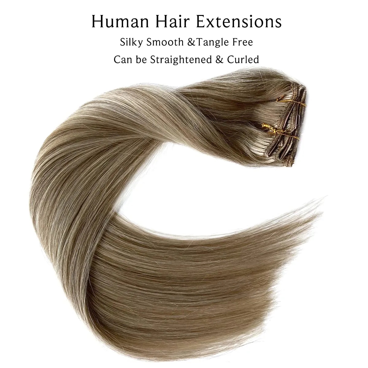 Clip in Hair Extensions Real Human Hair, Ash Blonde Highlighted Blonde Remy Human Hair Clip in Extensions 18inch 7pcs 70G Double Weft Real Hair Extensions Clip in Human Hair for Fine Hair Women