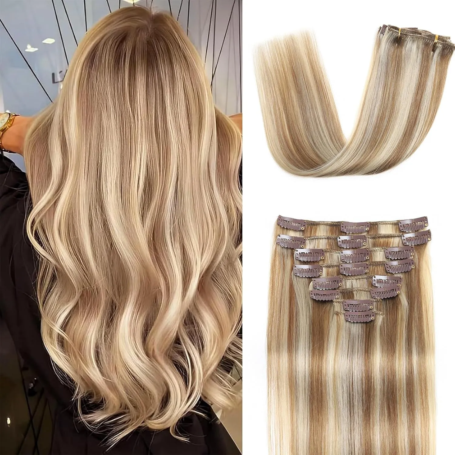 Clip in Hair Extensions Real Human Hair Clip in Extensions for Women Seamless Balayage Light Blonde to Golden Blonde Straight Remy 100% Human Clips ins Extension 8pcs Double Weft 16 inch 3.2oz/90g