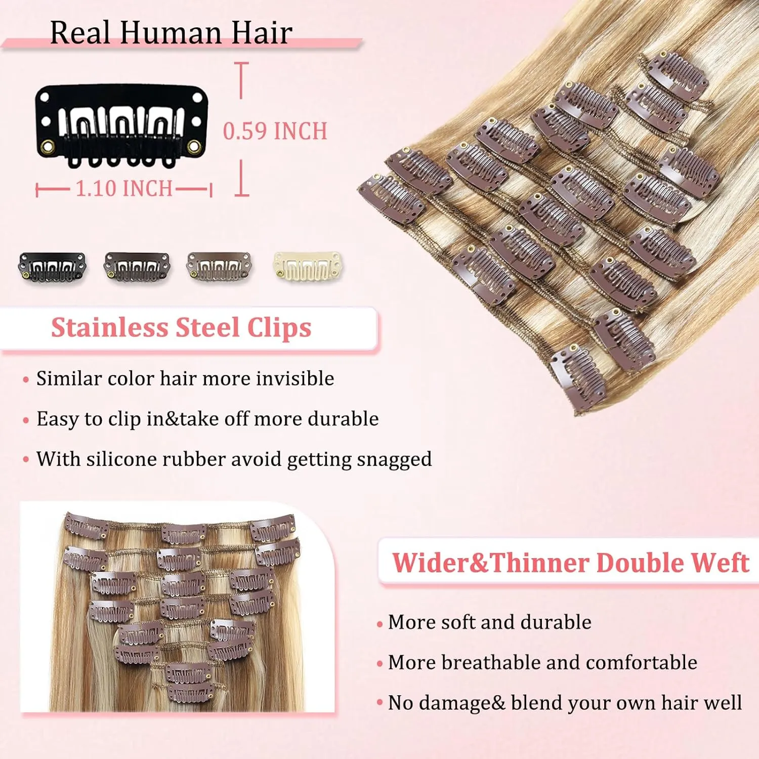 Clip in Hair Extensions Real Human Hair Clip in Extensions for Women Seamless Balayage Light Blonde to Golden Blonde Straight Remy 100% Human Clips ins Extension 8pcs Double Weft 16 inch 3.2oz/90g