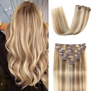 Clip in Hair Extensions Real Human Hair Clip in Extensions for Women Seamless Balayage Light Blonde to Golden Blonde Straight Remy 100% Human Clips ins Extension 8pcs Double Weft 16 inch 3.2oz/90g