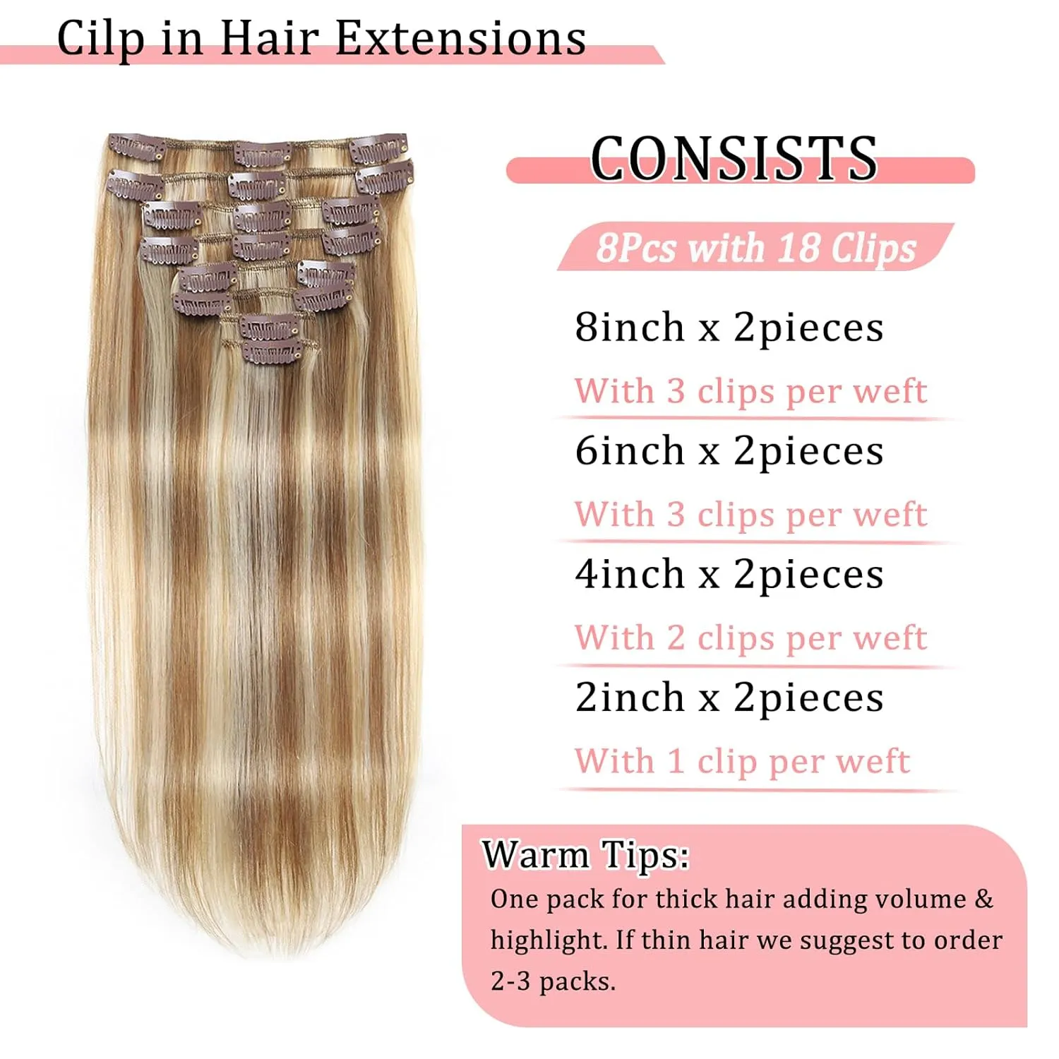 Clip in Hair Extensions Real Human Hair Clip in Extensions for Women Seamless Balayage Light Blonde to Golden Blonde Straight Remy 100% Human Clips ins Extension 8pcs Double Weft 16 inch 3.2oz/90g