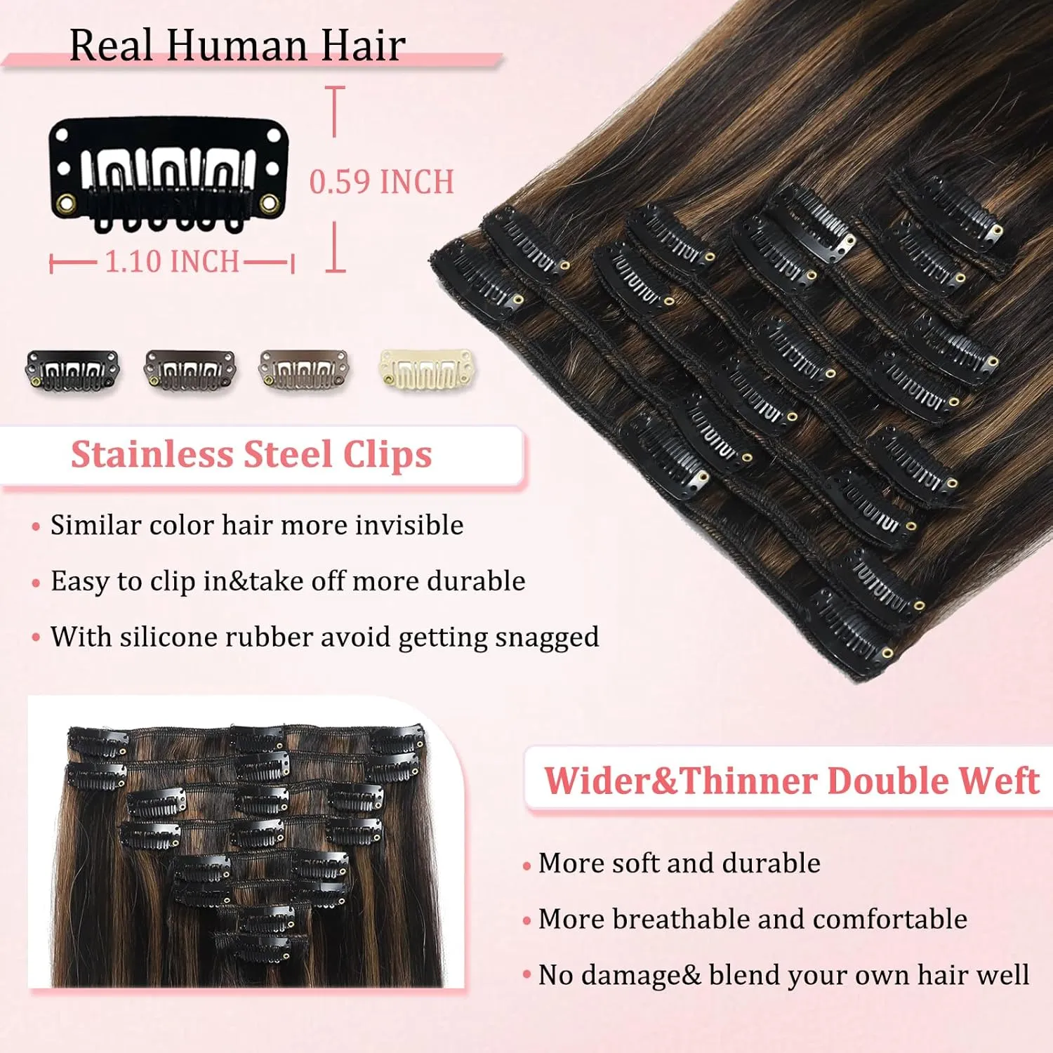 Clip in Hair Extensions Real Human Hair Clip in Extensions for Women Seamless Balayage Natural Black to Chestnut Brown Straight Remy 100% Human Clips ins Extension 8pcs Double Weft 24 inch 4.2oz/120g