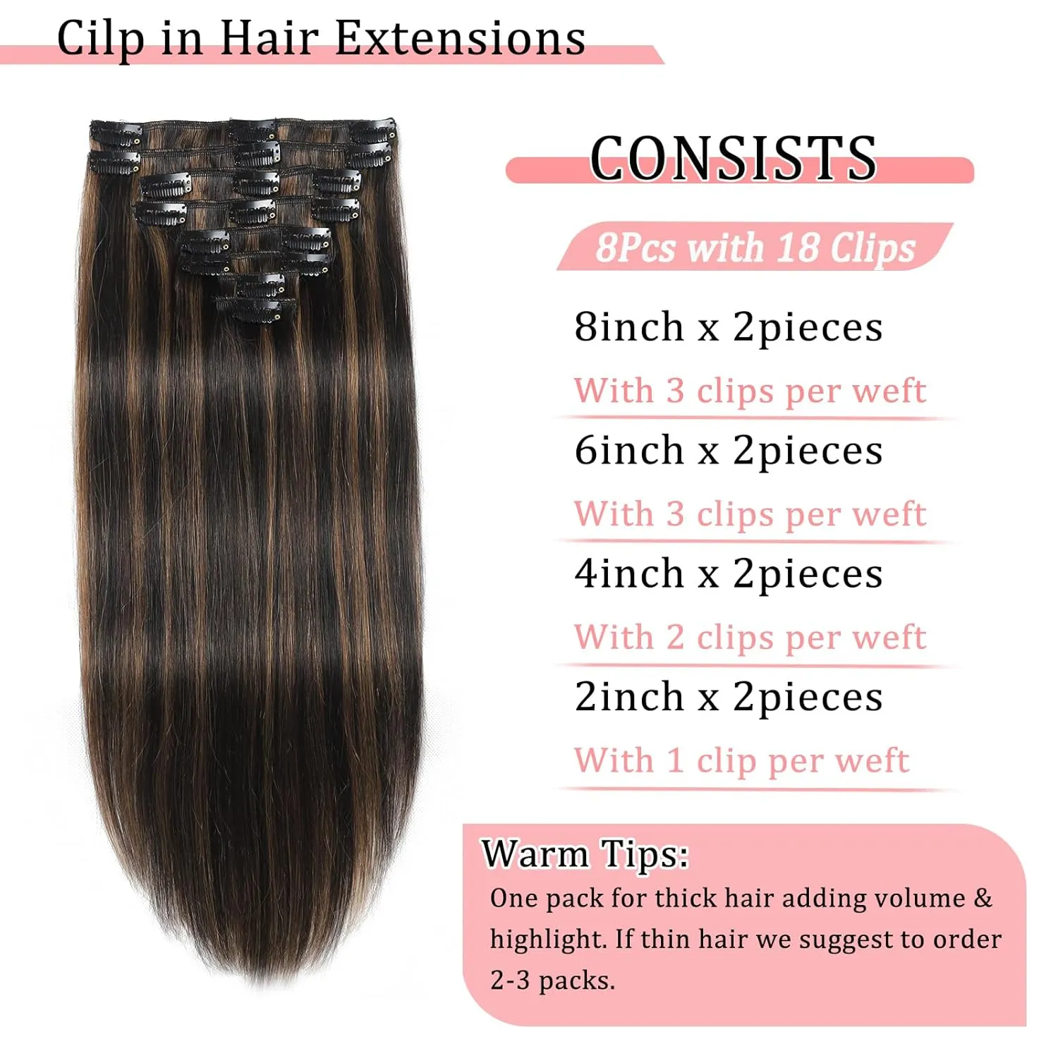 Clip in Hair Extensions Real Human Hair Clip in Extensions for Women Seamless Balayage Natural Black to Chestnut Brown Straight Remy 100% Human Clips ins Extension 8pcs Double Weft 24 inch 4.2oz/120g