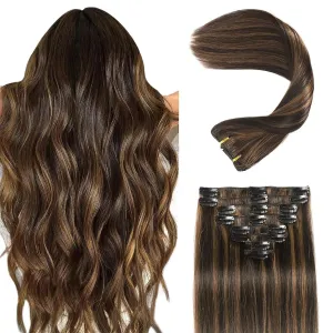 Clip in Hair Extensions Real Human Hair Clip in Extensions for Women Seamless Balayage Natural Black to Chestnut Brown Straight Remy 100% Human Clips ins Extension 8pcs Double Weft 24 inch 4.2oz/120g