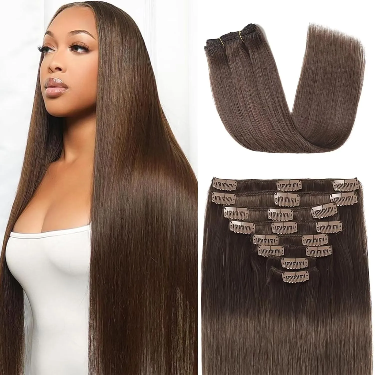 Clip in Hair Extensions Real Human Hair Clip in Extensions for Women Seamless Invisible Chocolate Brown Natural Remy 100% Human Clips ins Extension 8pcs Double Weft 18 inch 3.5oz/100g