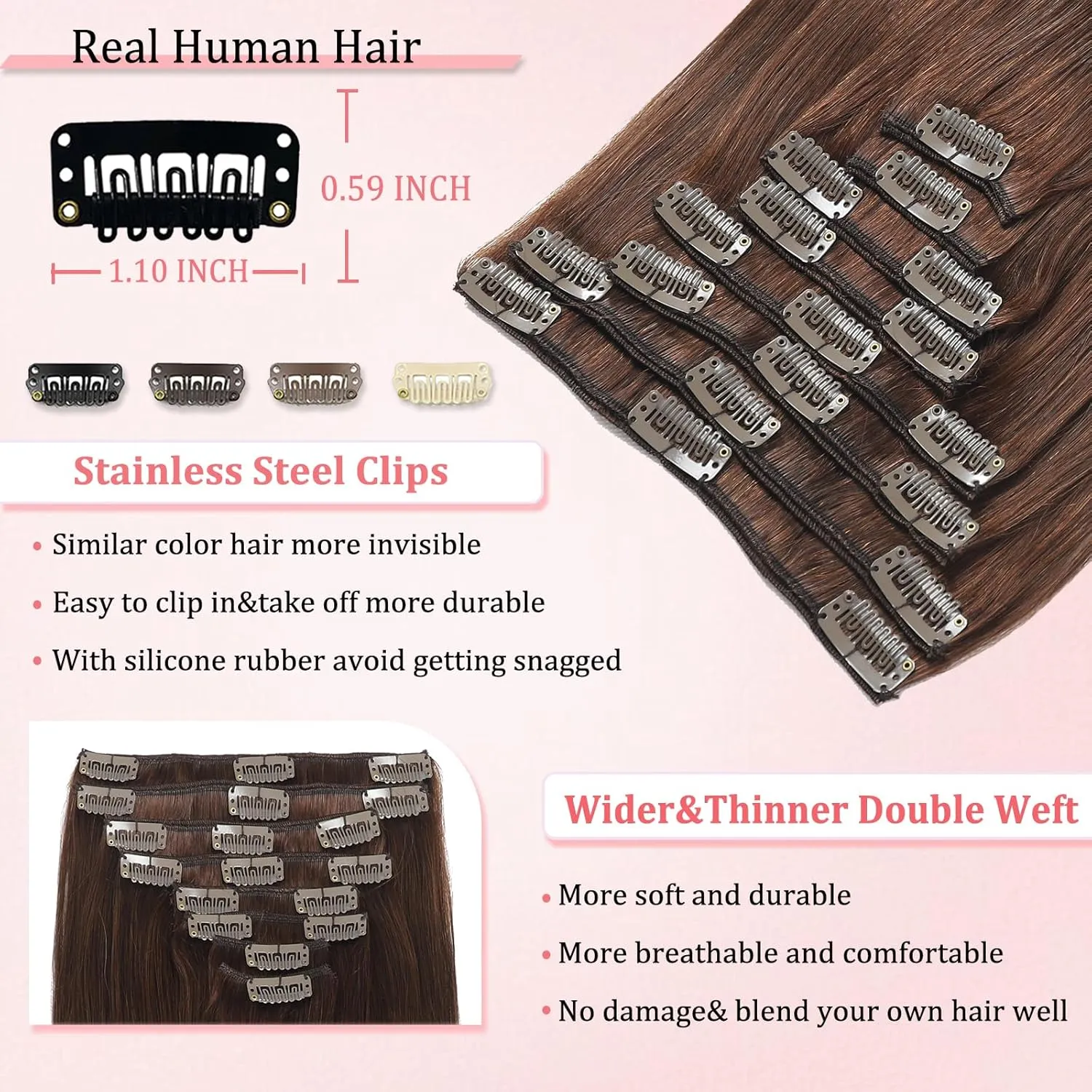 Clip in Hair Extensions Real Human Hair Clip in Extensions for Women Seamless Invisible Chocolate Brown Natural Remy 100% Human Clips ins Extension 8pcs Double Weft 18 inch 3.5oz/100g