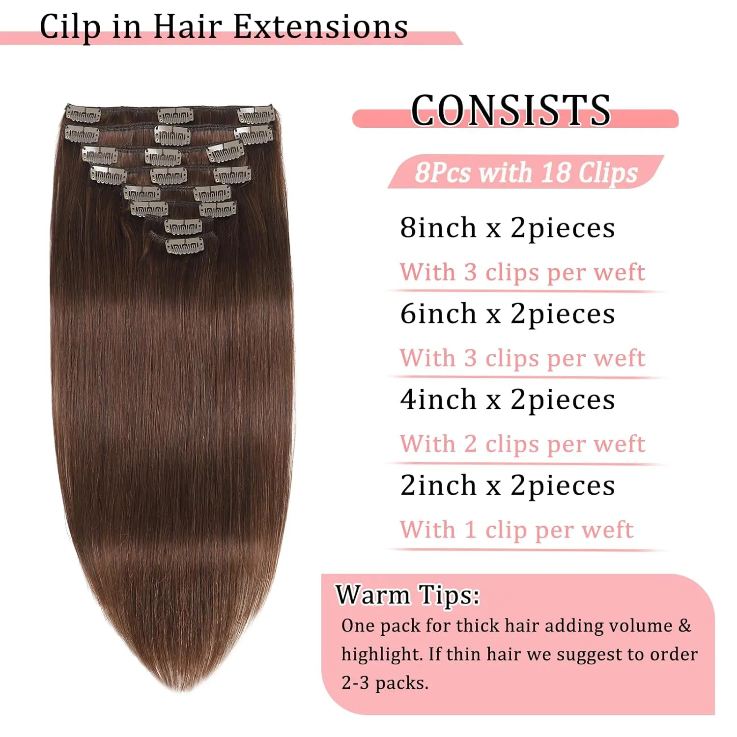Clip in Hair Extensions Real Human Hair Clip in Extensions for Women Seamless Invisible Chocolate Brown Natural Remy 100% Human Clips ins Extension 8pcs Double Weft 18 inch 3.5oz/100g