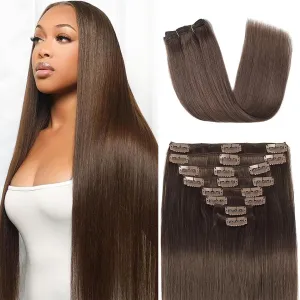 Clip in Hair Extensions Real Human Hair Clip in Extensions for Women Seamless Invisible Chocolate Brown Natural Remy 100% Human Clips ins Extension 8pcs Double Weft 18 inch 3.5oz/100g
