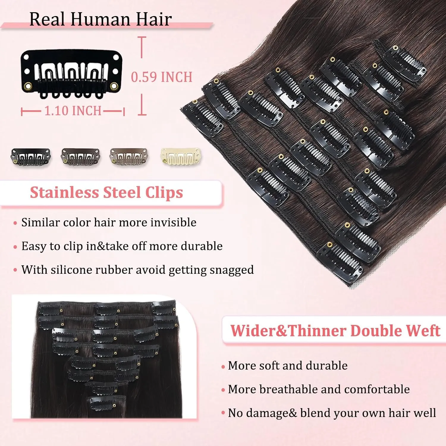 Clip in Hair Extensions Real Human Hair Clip in Extensions for Women Seamless Invisible Dark Brown Natural Remy 100% Human Clips ins Extension 8pcs Double Weft 22 inch 4oz/110g