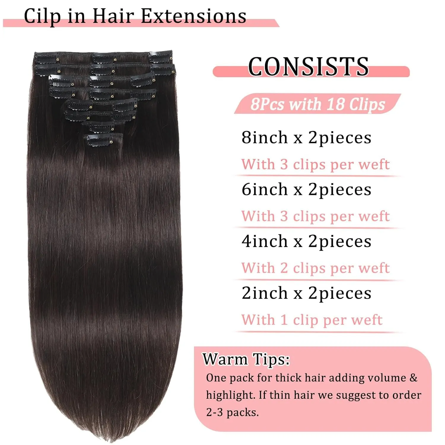 Clip in Hair Extensions Real Human Hair Clip in Extensions for Women Seamless Invisible Dark Brown Natural Remy 100% Human Clips ins Extension 8pcs Double Weft 22 inch 4oz/110g