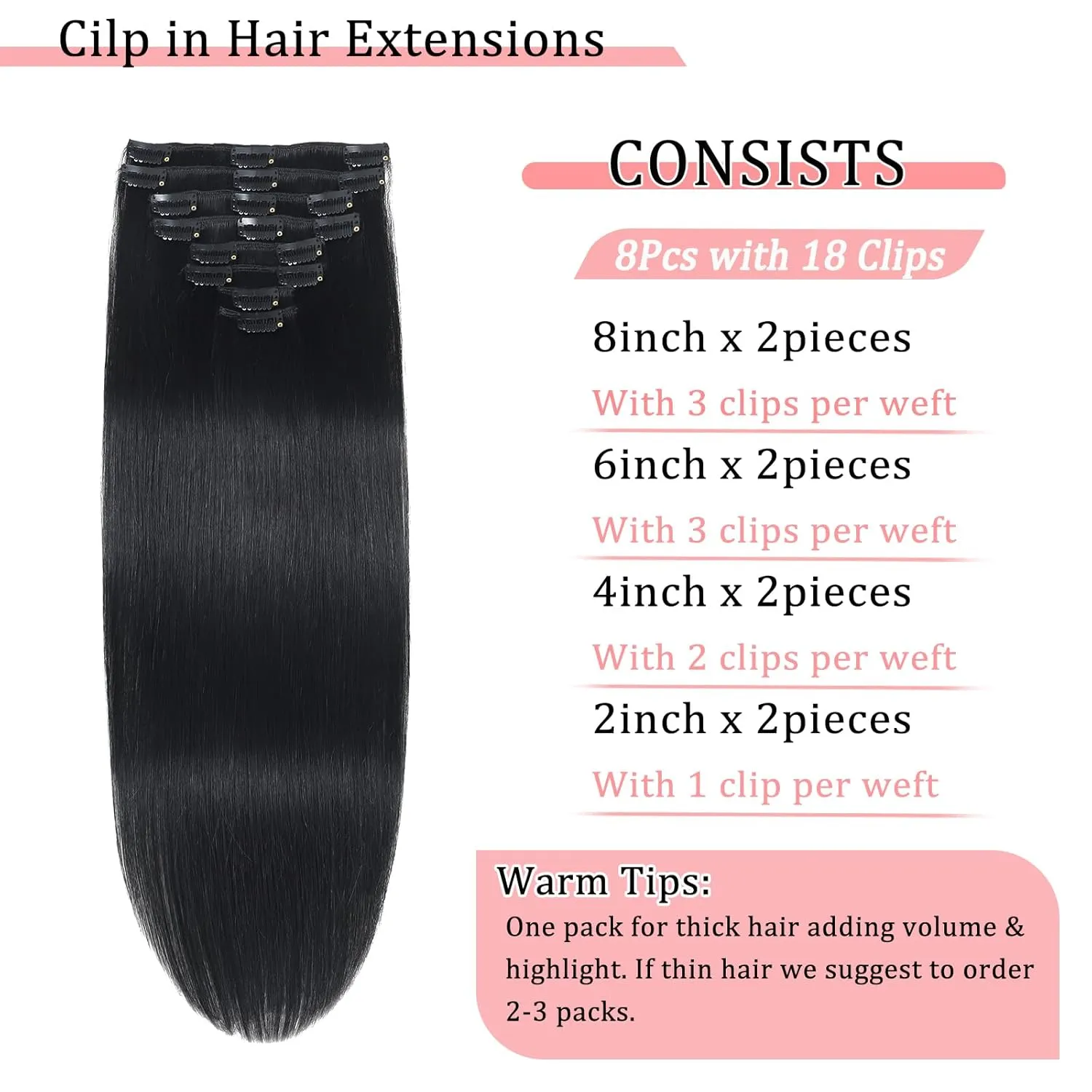 Clip in Hair Extensions Real Human Hair Clip in Extensions for Women Seamless Invisible Jet Black Natural Remy 100% Human Clips ins Extension 8pcs Double Weft 22 inch 4oz/110g